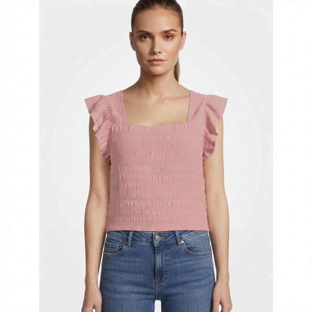 SHEIN Top Womens S 4 Pink Smocked Ruffle Sleeve Square Neck Blouse Top